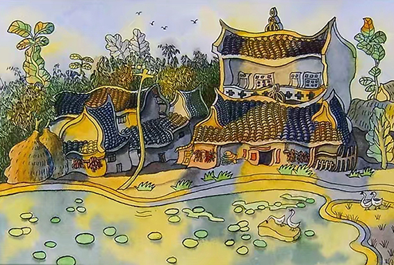 徐新华作品 客家民居，钢笔水彩，60X40cm